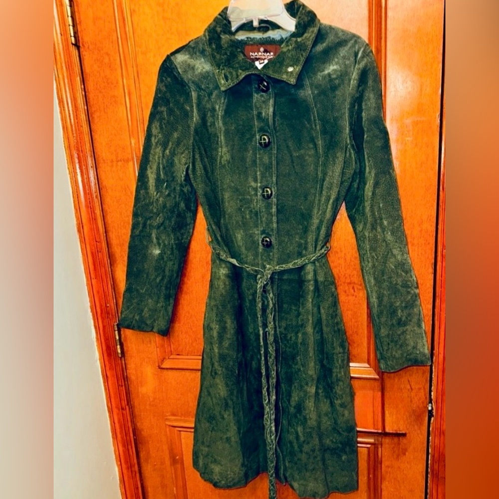 🆕 NWT vintage NAF NAF deep olive genuine nubuck (suede) long Jacket size 38 (6)